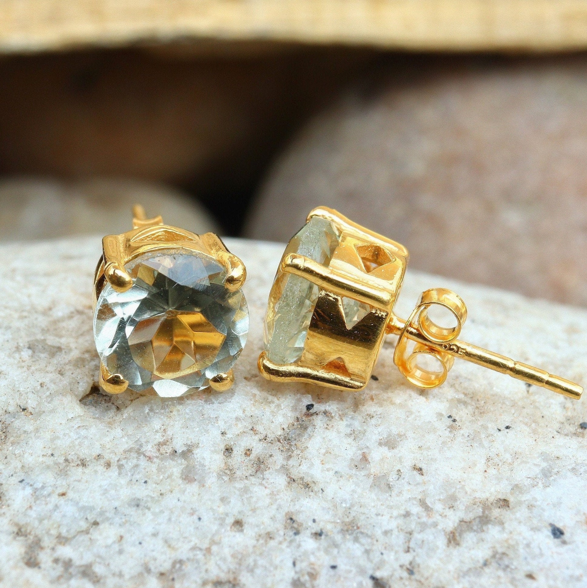 Green Amethyst Earrings, Stud Earrings, Dainty Handmade Earrings, 18k Gold Plated Silver, Prasiolite Earrings, Anniversary Gift For Women
