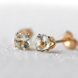 Green Amethyst Stud Earrings, February Birthstone Gift for Calm and Balance, Light Green Gemstone Jewellery in Sterling Silver or Gold