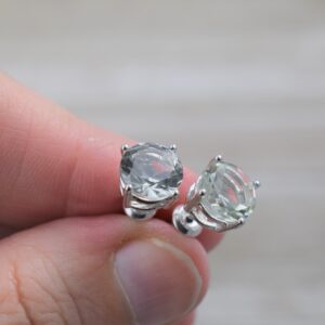 Green Amethyst Stud Earrings (sterling Silver) - Natural Diamond Cut Gemstone - 8 Mm