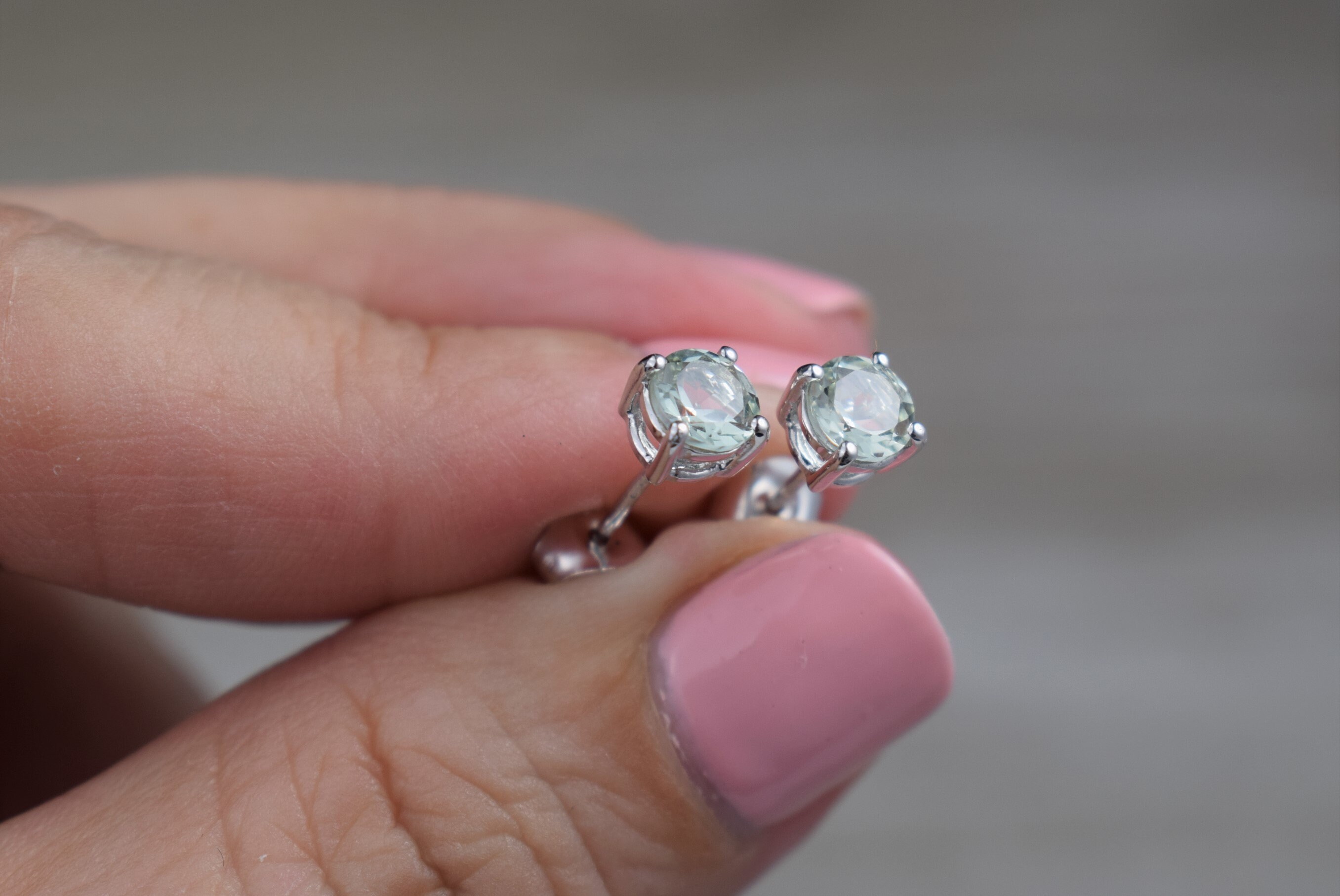 Green Amethyst Stud Earrings (sterling Silver) - Natural Faceted Gemstone - 5 Mm