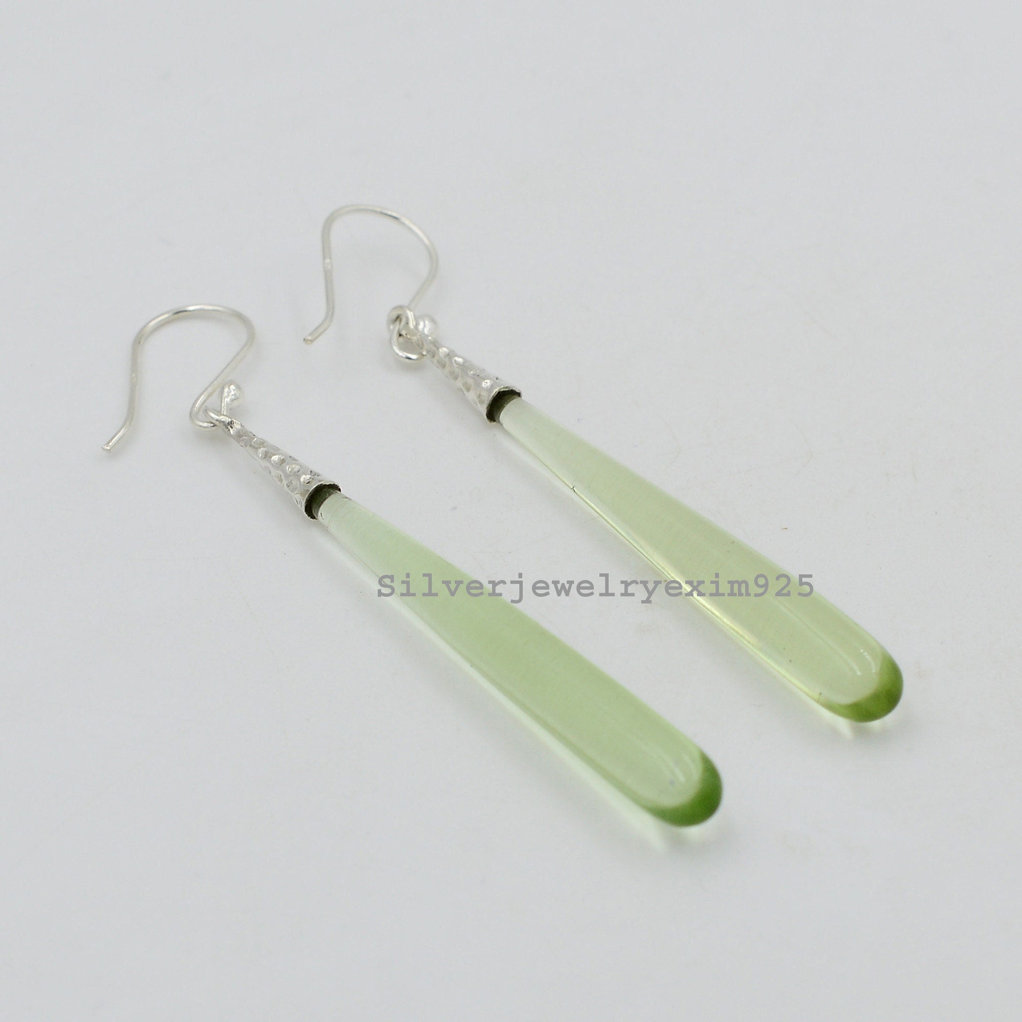 Teardrop Green Amethyst Earrings: Long 925 Sterling Silver Dangle