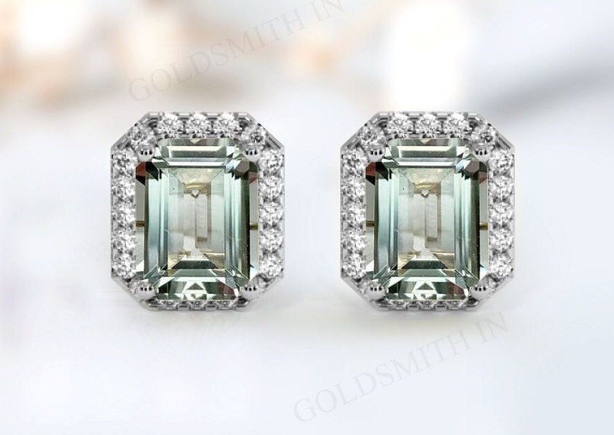 Unique Emerald Cut Green Amethyst Earrings For Women 14k Gold Amethyst Stud Earrings Art Deco Wedding Earrings Antique Handmade Earrings