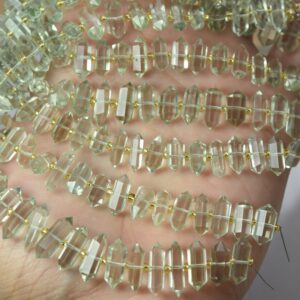 7 inch strand, Green Amethyst Gemstone Beads: Faceted Pencil Shape, 10-12mm