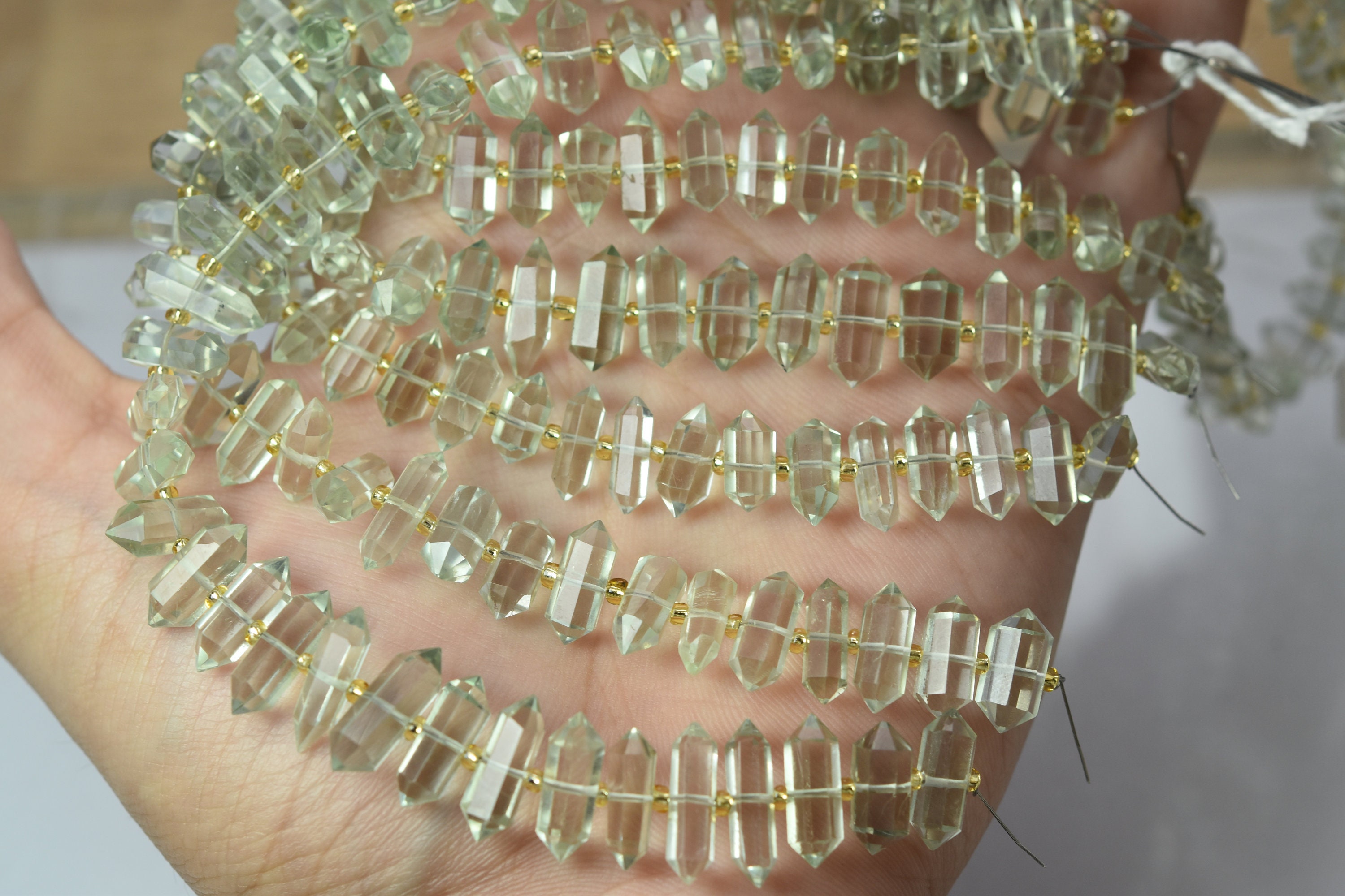 7 Inch Strand, Green Amethyst Gemstone Beads: Faceted Pencil Shape, 10-12mm