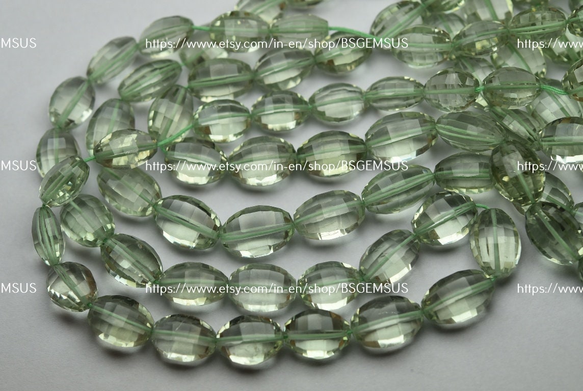 7 Inches Strand,  Natural Green Amethyst Faceted Oval  Shape Beads,size 12-13mm
