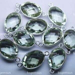 925 Sterling Silver, Natural Green Amethyst Faceted Oval Shape Connector,5 Piece Of  19mm App.