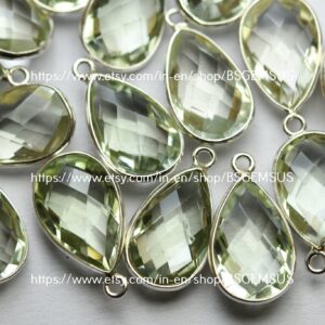 925 Sterling Silver,Natural Green Amethyst Faceted Pear Shape Connector,4 Piece Of  20mm App.