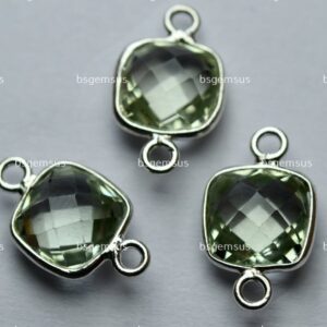 925 Sterling Silver,Natural Green Amethyst Faceted Cushion Shape Connector,3 Piece Of 16mm App. 925 Sterling Silver,Natural Green Amethyst Faceted Cushion Shape Connector,3 Piece Of 16mm App.
