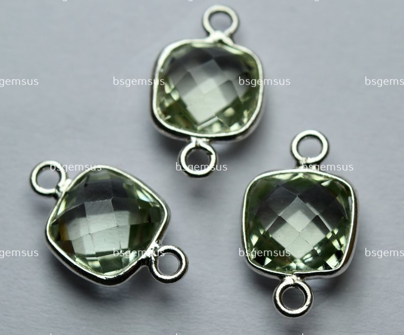 925 Sterling Silver,natural Green Amethyst Faceted Cushion Shape Connector,3 Piece Of  16mm App.