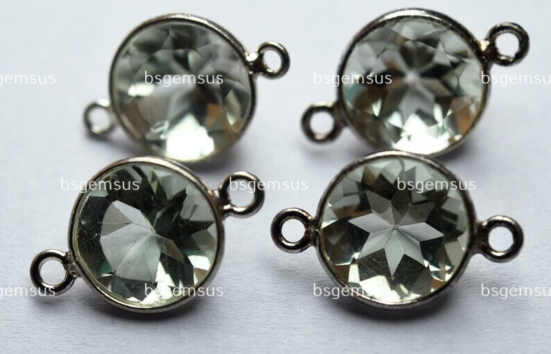 925 Sterling Silver,natural Green Amethyst Faceted Coins Shape Connector,5 Piece Of  17mm App.