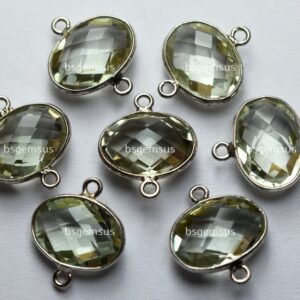 925 Sterling Silver,Natural Green Amethyst Faceted Oval Shape Connector,2 Piece Of  17mm App.