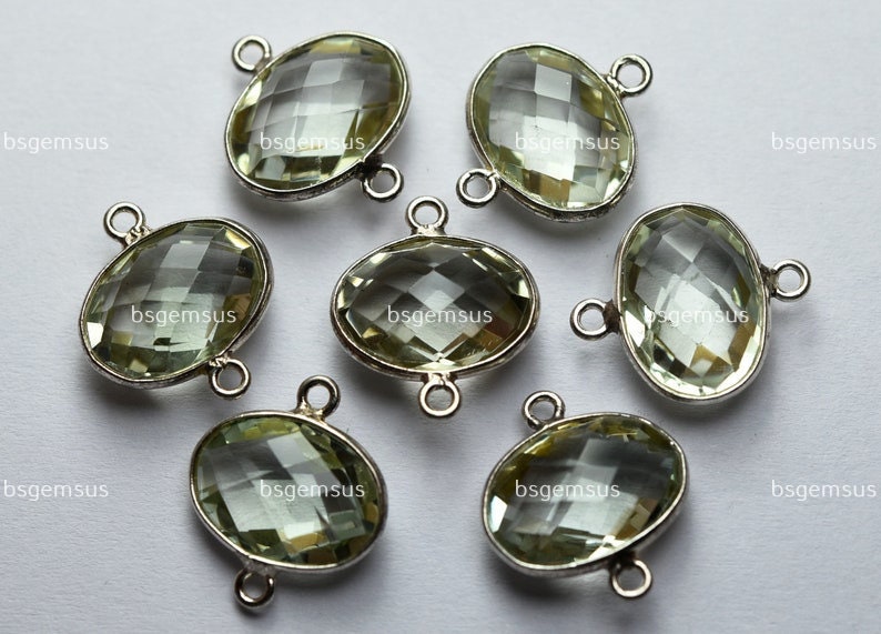 925 Sterling Silver,natural Green Amethyst Faceted Oval Shape Connector,2 Piece Of  17mm App.