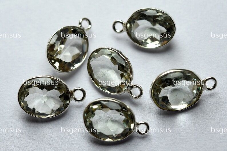 925 Sterling Silver,natural Green Amethyst Faceted Oval Shape Connector,5 Piece Of  15mm App.