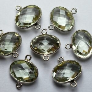 925 Sterling Silver,Natural Green Amethyst Faceted Oval Shape Connector,5 Piece Of  17mm App.