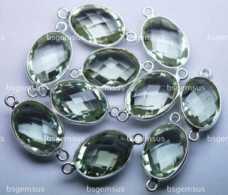 925 Sterling Silver, Natural Green Amethyst Faceted Oval Shape Connector,5 Piece Of 19mm App. 925 Sterling Silver, Natural Green Amethyst Faceted Oval Shape Connector,5 Piece Of 19mm App.