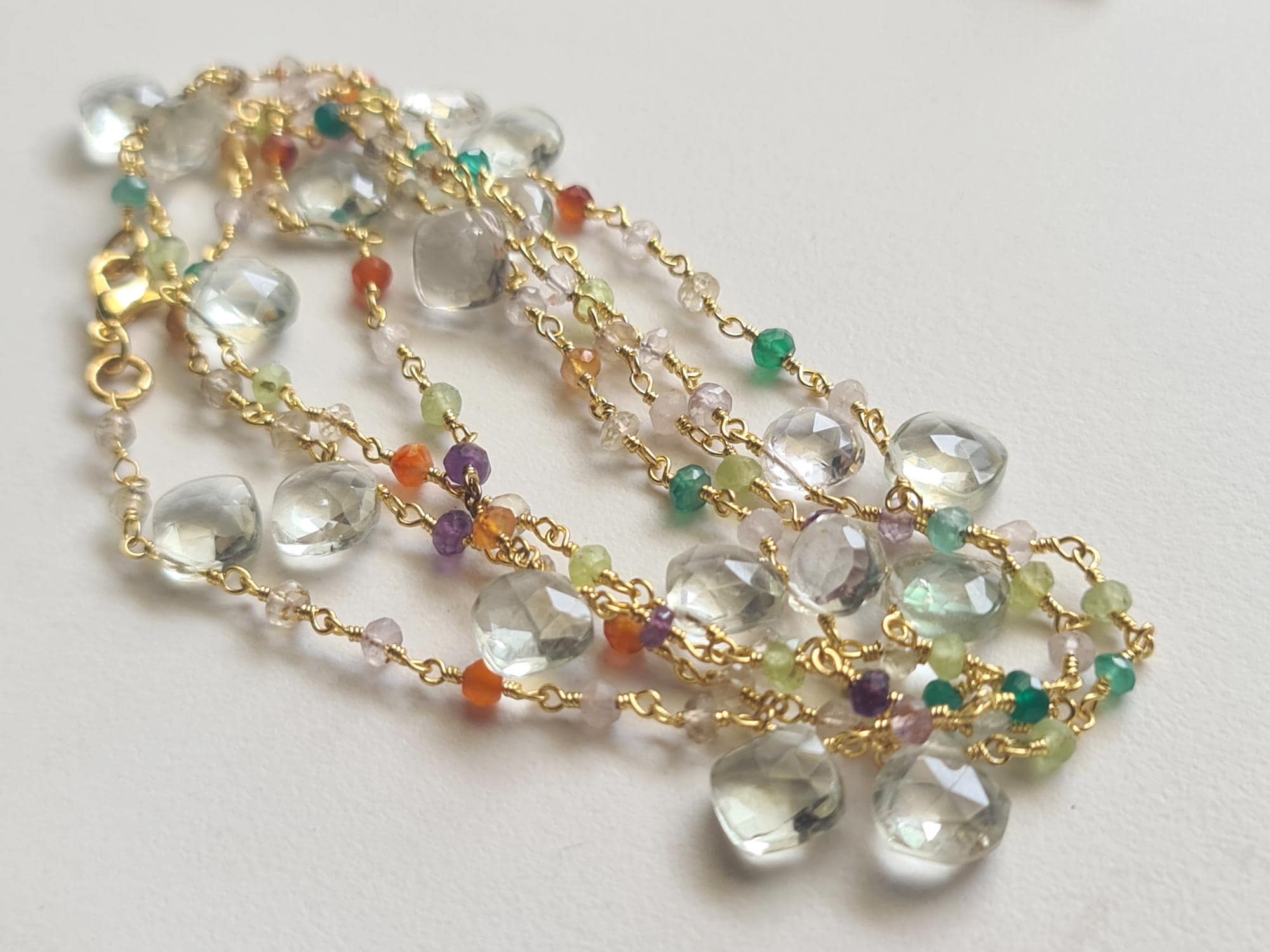 Green Amethyst Faceted Heart 8mm & Multi Gemstone 3mm Wire Wrapped Beaded Rosary Chain 925 Silver Gold Polish Amethyst Necklace - Psg358