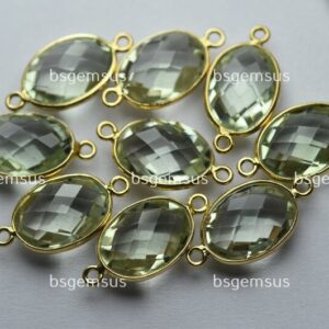 Green Amethyst Sterling Silver Connector, Vermeil Gold, Faceted Oval, 19mm, 5pcs