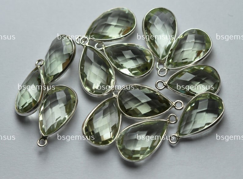 Sterling Silver Green Amethyst Pear Connector, Faceted 16mm, 10 Piece