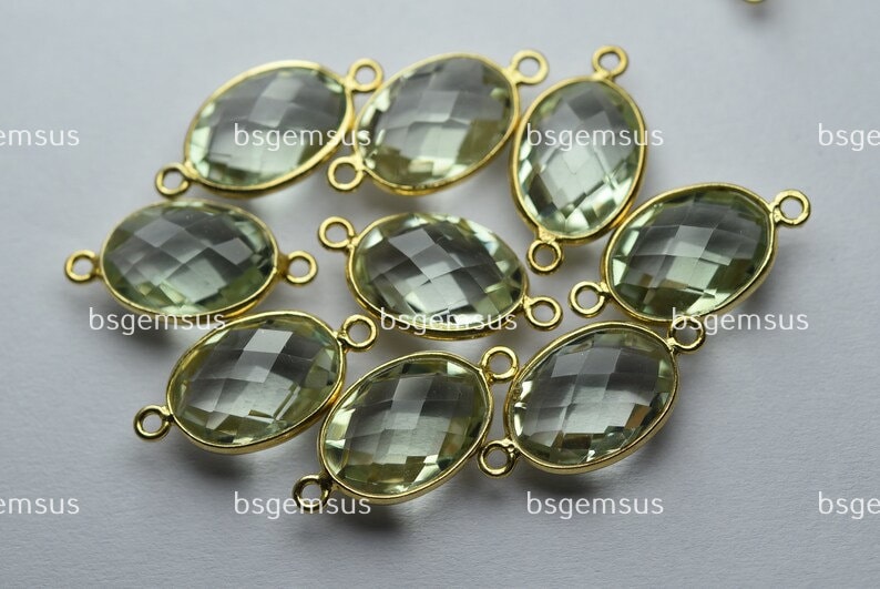 Green Amethyst Sterling Silver Connector, Vermeil Gold, Faceted Oval, 19mm, 5pcs