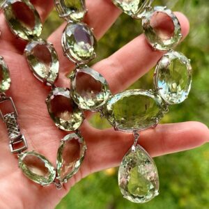 450 Ct Massive Green Amethyst Statement Necklace, Gold Plated Sterling Silver, 20.5 Inch