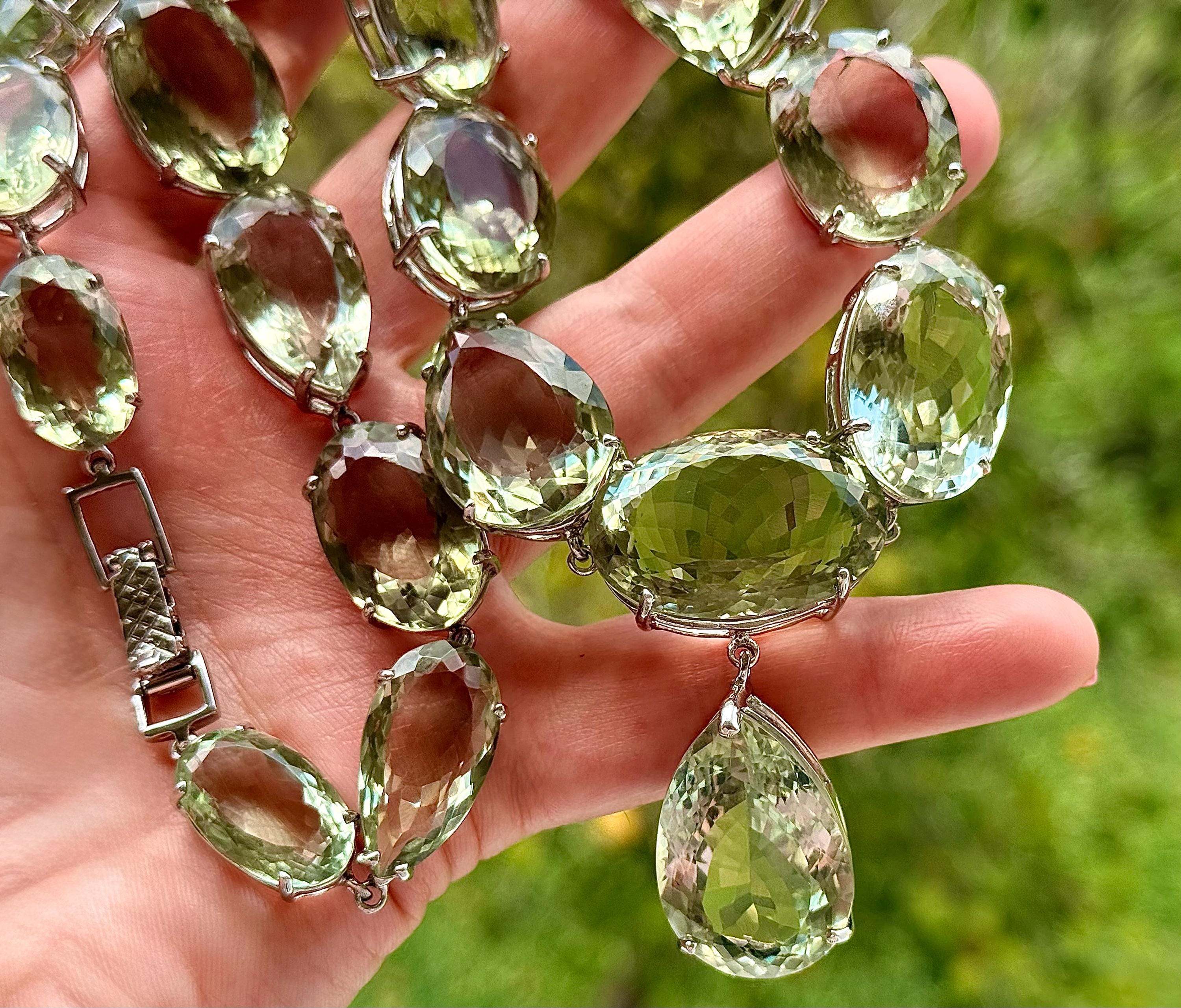 450 Ct Massive Green Amethyst Statement Necklace, Gold Plated Sterling Silver, 20.5 Inch