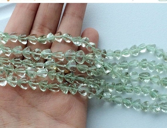 7mm Green Amethyst Trillion Beads, Green Amethyst Beads For Necklace, Green Amethyst Faceted Trillion (4in To 8in Options) - Aga230