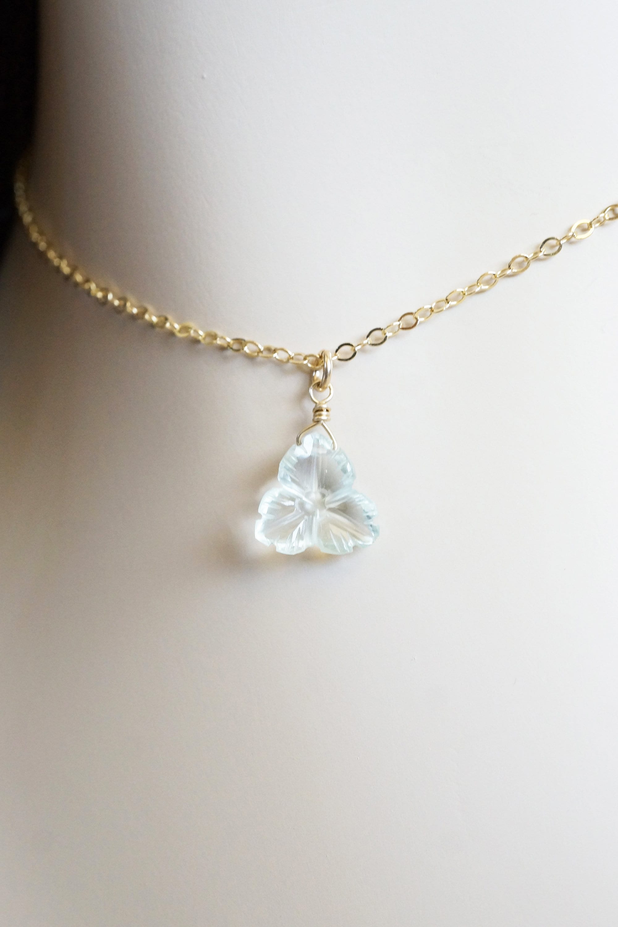 Carved Green Amethyst Flower Necklace, Gold Filled Chain, February Birthstone