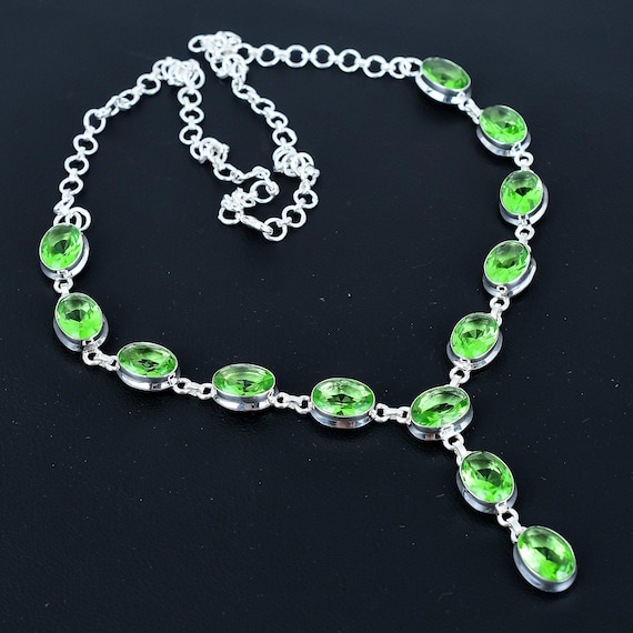 Faceted Green Amethyst Necklace: 925 Sterling Silver, Adjustable Chain