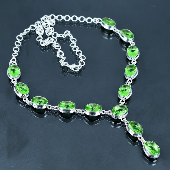 Faceted Green Amethyst Necklace: Handmade 925 Sterling Silver, Adjustable Chain