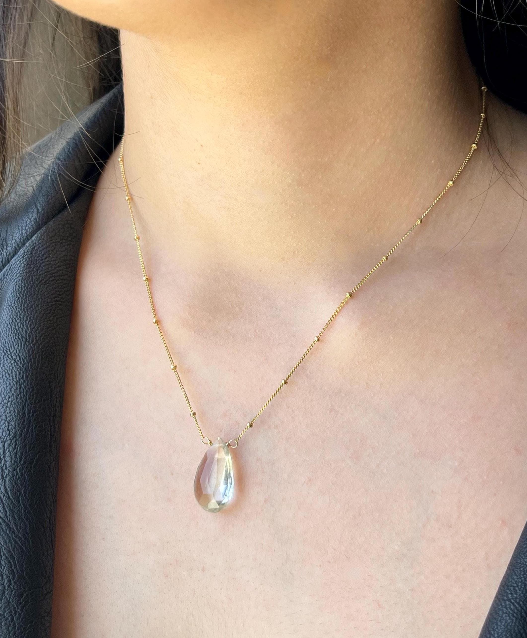 Green Amethyst Necklace, February Birthstone, Mint Sage Green Teardrop Layering Necklace On Satellite Chain Gold Or Silver, Prasiolite Gift
