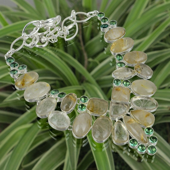 Handmade Golden Rutile & Green Amethyst Necklace: Sterling Silver Adjustable Chain