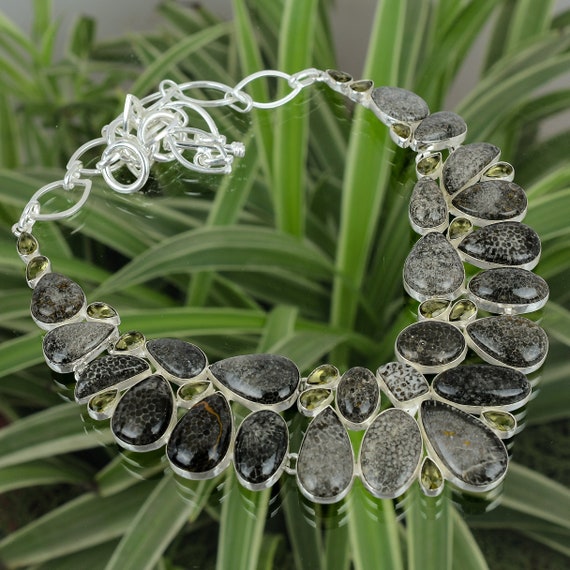 Handmade Stingray Coral & Green Amethyst Necklace: 925 Sterling Silver