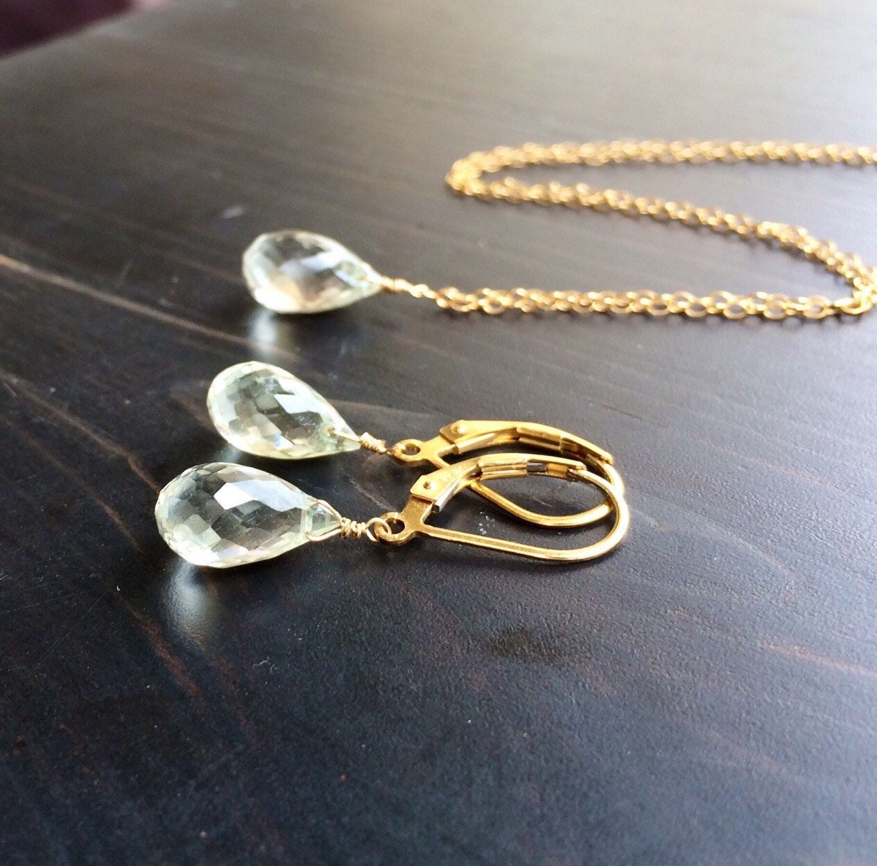 Green Amethyst Jewelry Set: 14k Gold Fill Necklace And Earrings