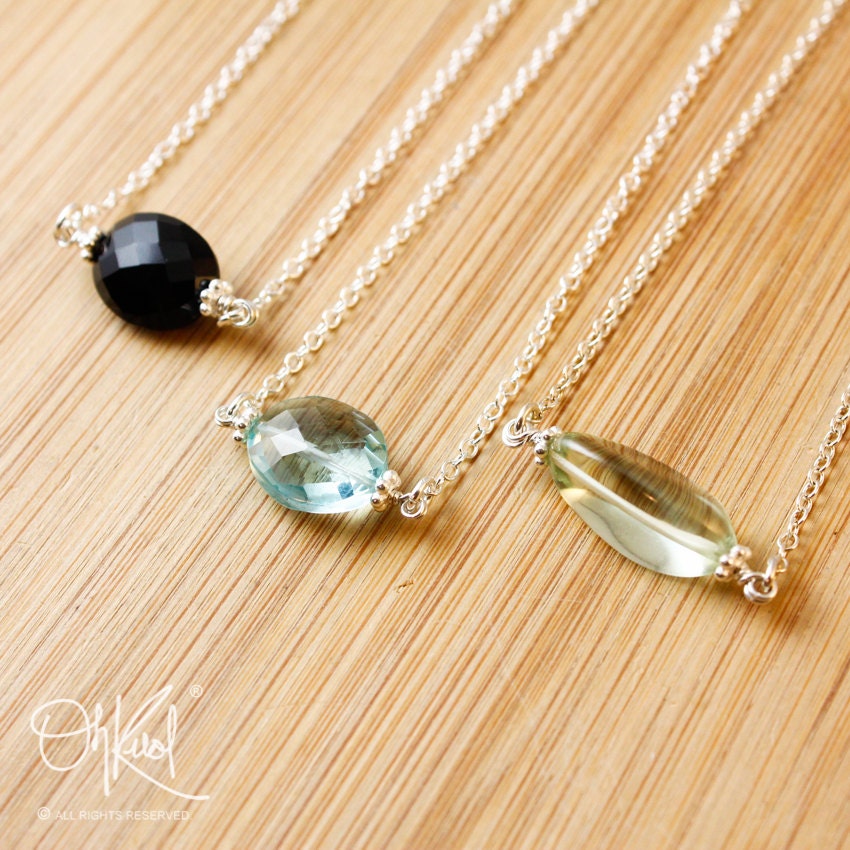 Minimalist Gemstone Necklace: Sterling Silver, Green Amethyst, Aqua Quartz