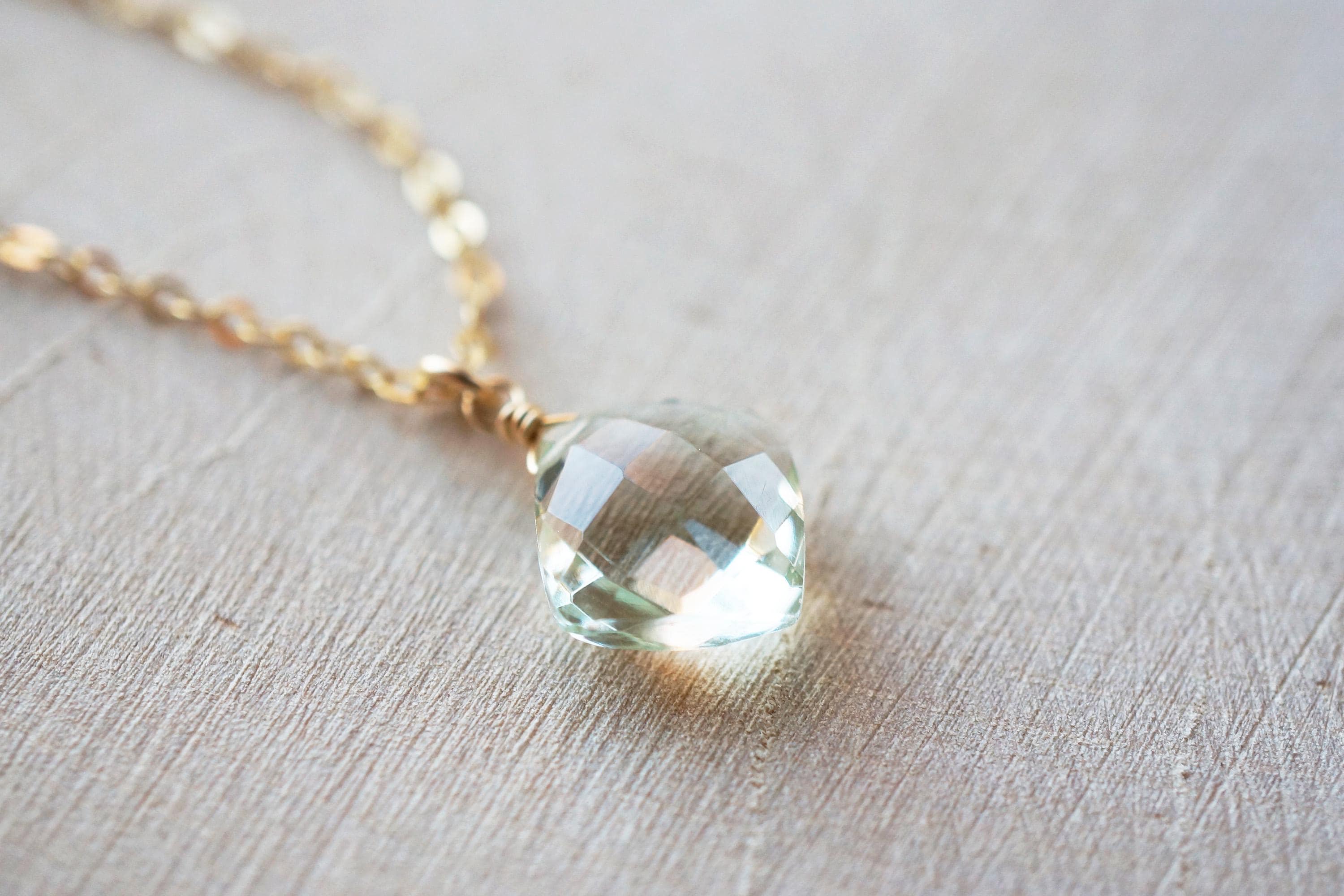 Green Amethyst Pillow Cut Necklace, Gold Vermeil Beads