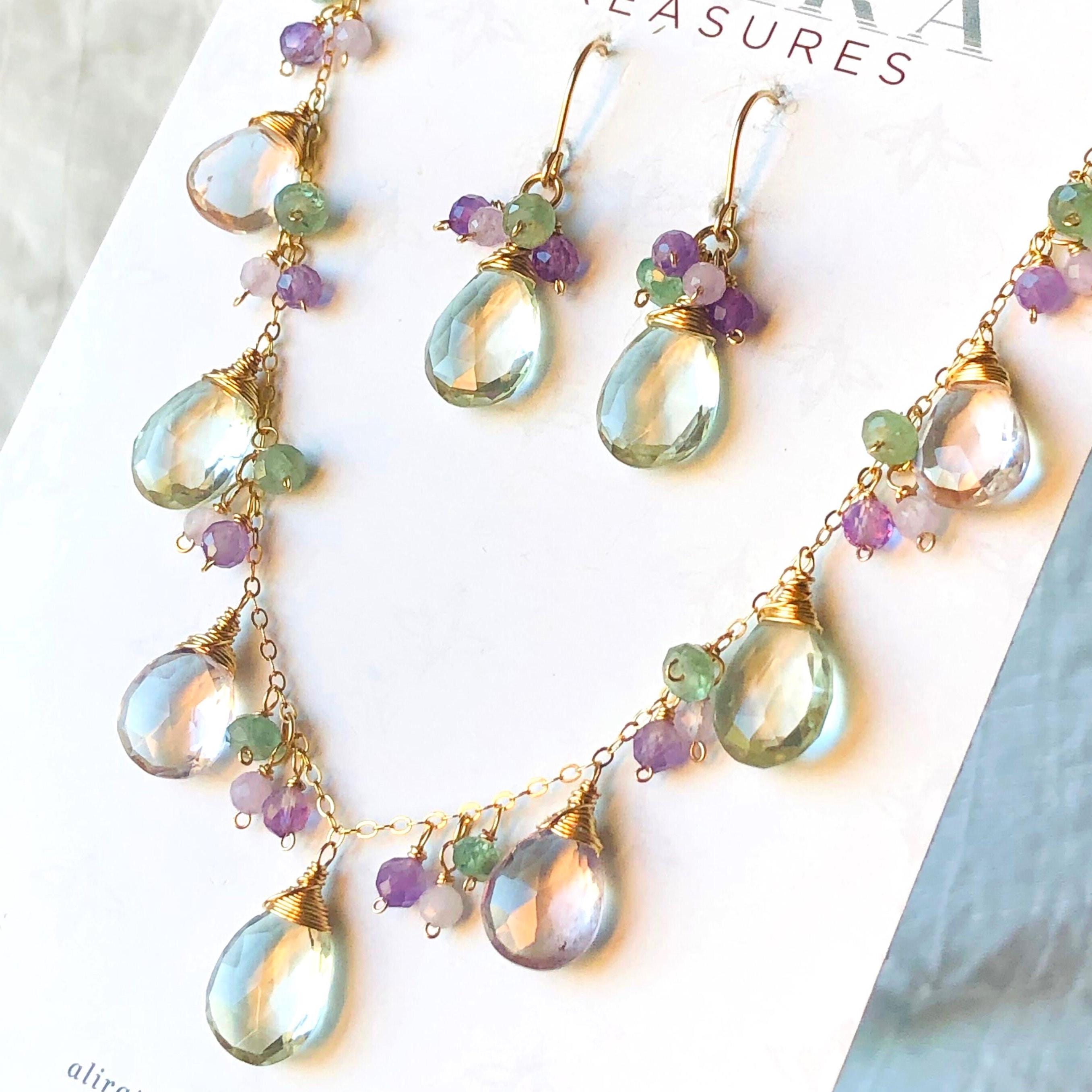 Pink Green Amethyst Necklace Gold Filled Wire Wrapped Natural Gemstone Fringe Bohemian Statement Choker Handmade Holiday Gift For Her 7477