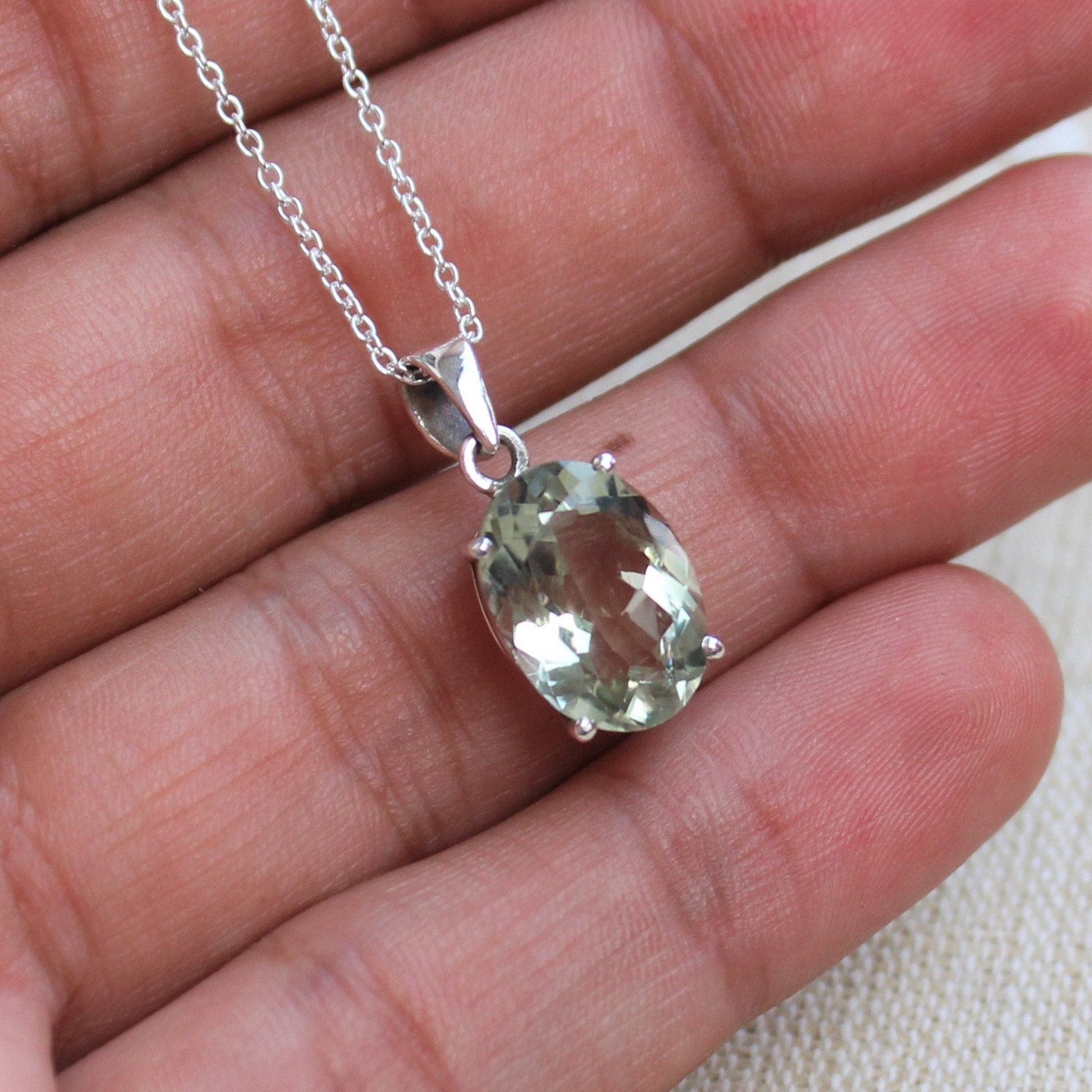 Green Amethyst Silver Necklace, Sterling Silver Jewelry, Natural Green Amethyst Cutstone, Gift For Her, Gemstones Necklaces, Wedding Jewelry