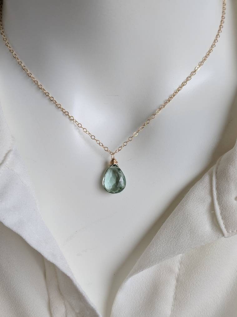 Green Amethyst Necklace. Green Amethyst Teardrop Necklace. Gold, Silver And Rose Gold Avail