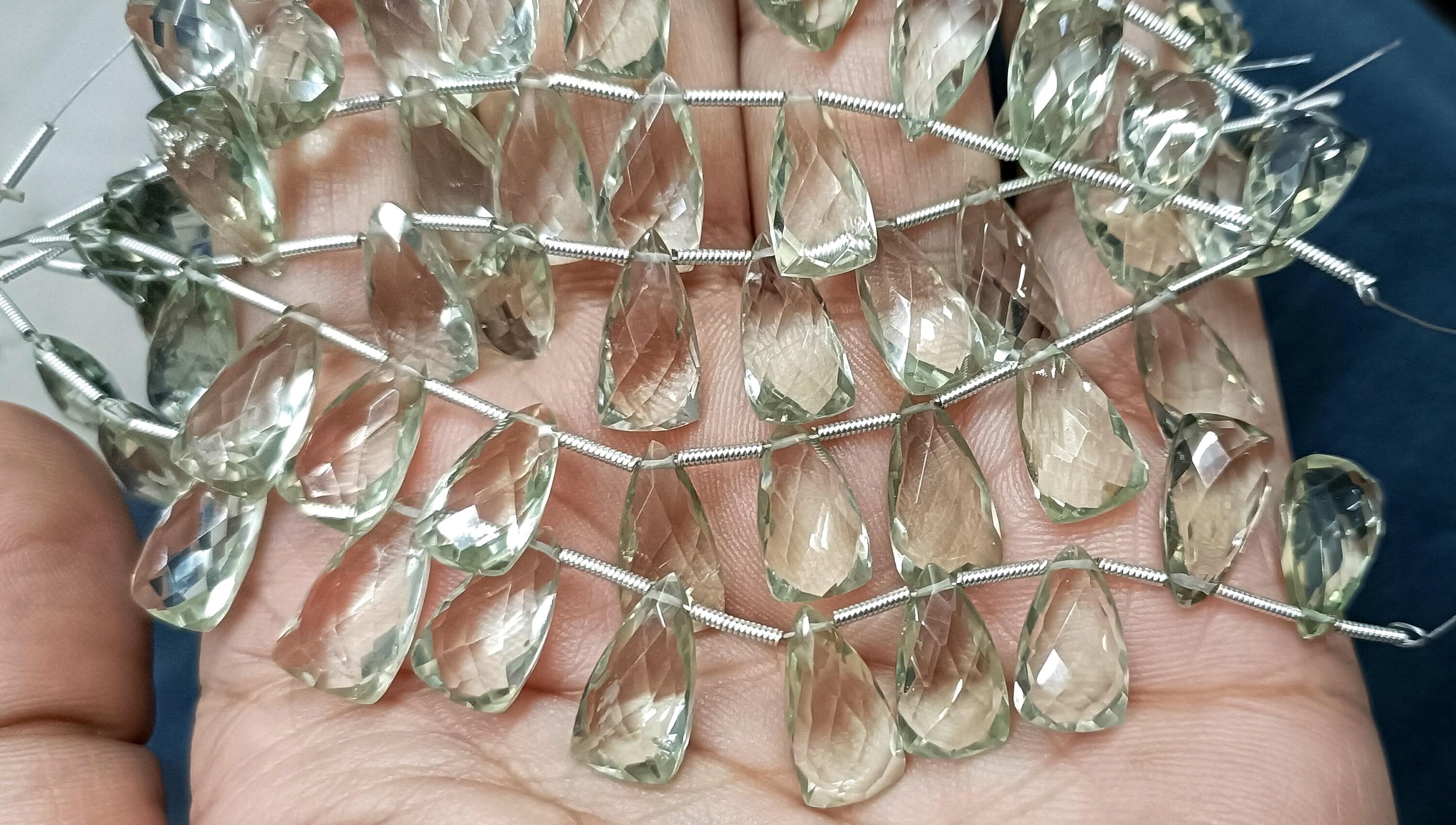 10 Pcs, Super Finest, Green Amethyst Faceted Pear Shape Briolettes,size 8x15mm, 10 Pcs, Super Finest, Green Amethyst Faceted Pear Shape Briolettes,size 8x15mm,