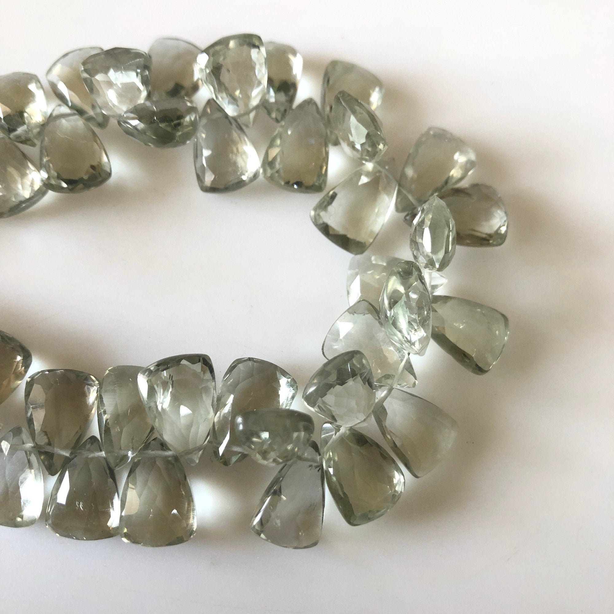 10mm To 12mm Natural Green Amethyst Trillion Shaped Briolettes Beads, Light Green Faceted Green Amethyst Beads, Sold As 7"/3.5", Gds1826