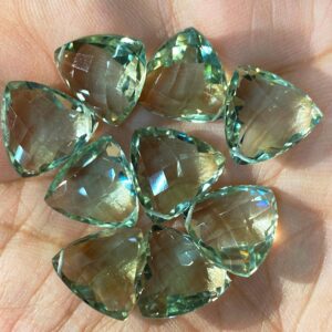 2 Matched Pairs,Finest Quality,Natural Green Amethyst Faceted Trillion Shaped Briolettes,Size 14mm 2 Matched Pairs,Finest Quality,Natural Green Amethyst Faceted Trillion Shaped Briolettes,Size 14mm