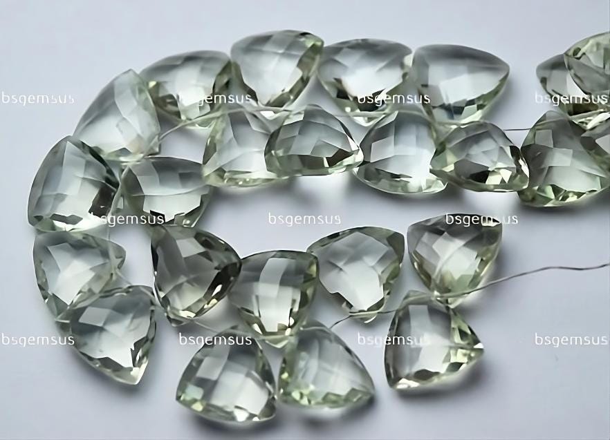 2 Matched Pairs,finest Quality,natural Green Amethyst Faceted Trillion Shaped Briolettes,size 12mm 2 Matched Pairs,finest Quality,natural Green Amethyst Faceted Trillion Shaped Briolettes,size 12mm