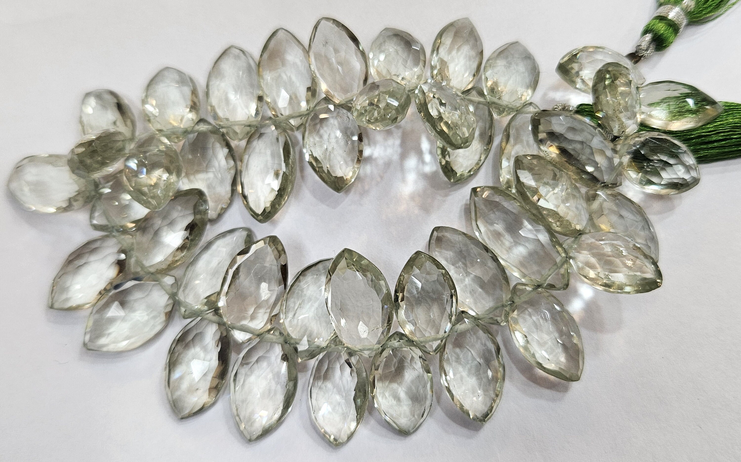 7 Inches Strand, Green Amethyst Faceted Marquise Shaped Briolettes, Size 10-13mm, 7 Inches Strand, Green Amethyst Faceted Marquise Shaped Briolettes, Size 10-13mm,