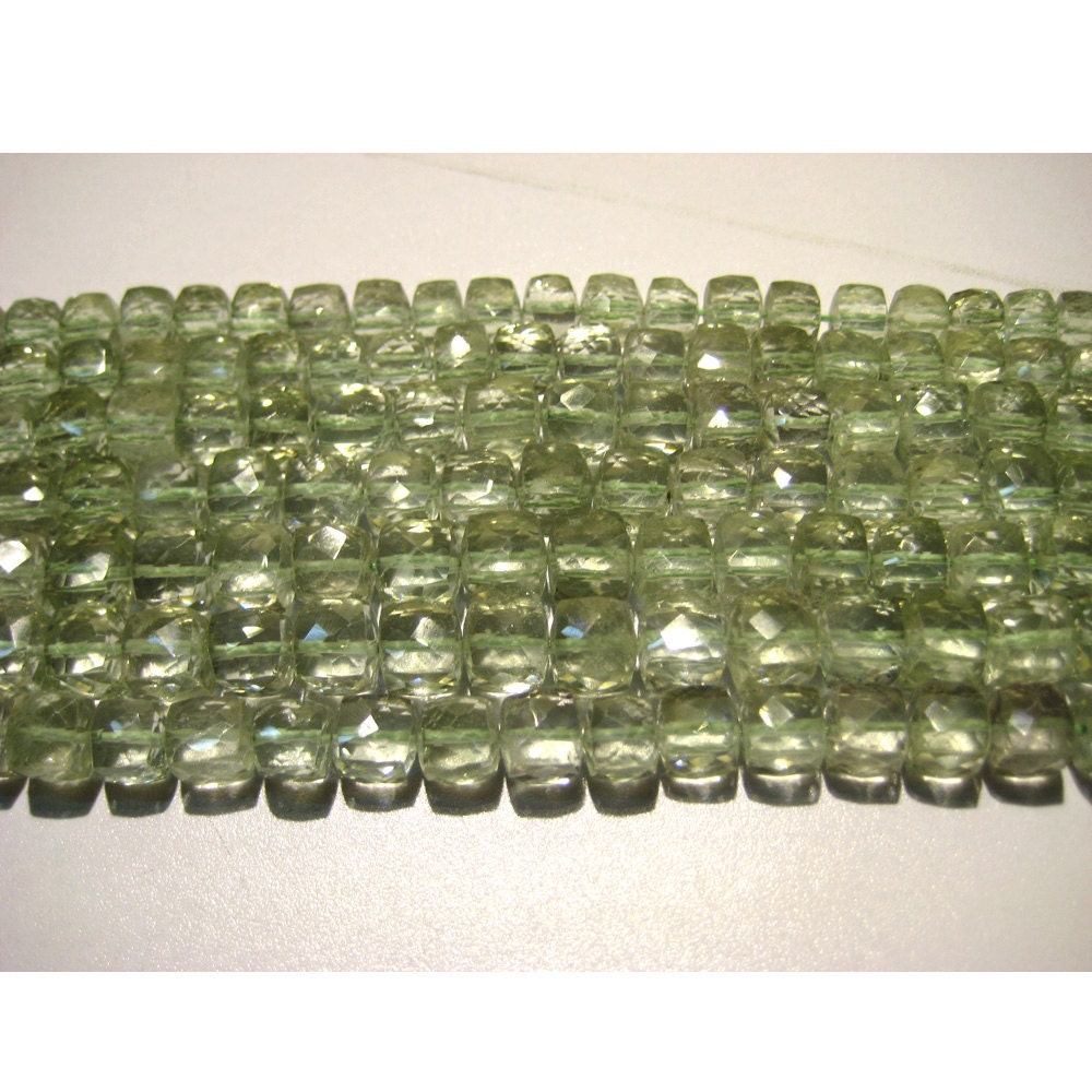 7mm Green Amethyst Faceted Cubes, Green Amethyst Faceted Box Beads, Green Amethyst Cubes For Jewelry (4in To 8in Options)