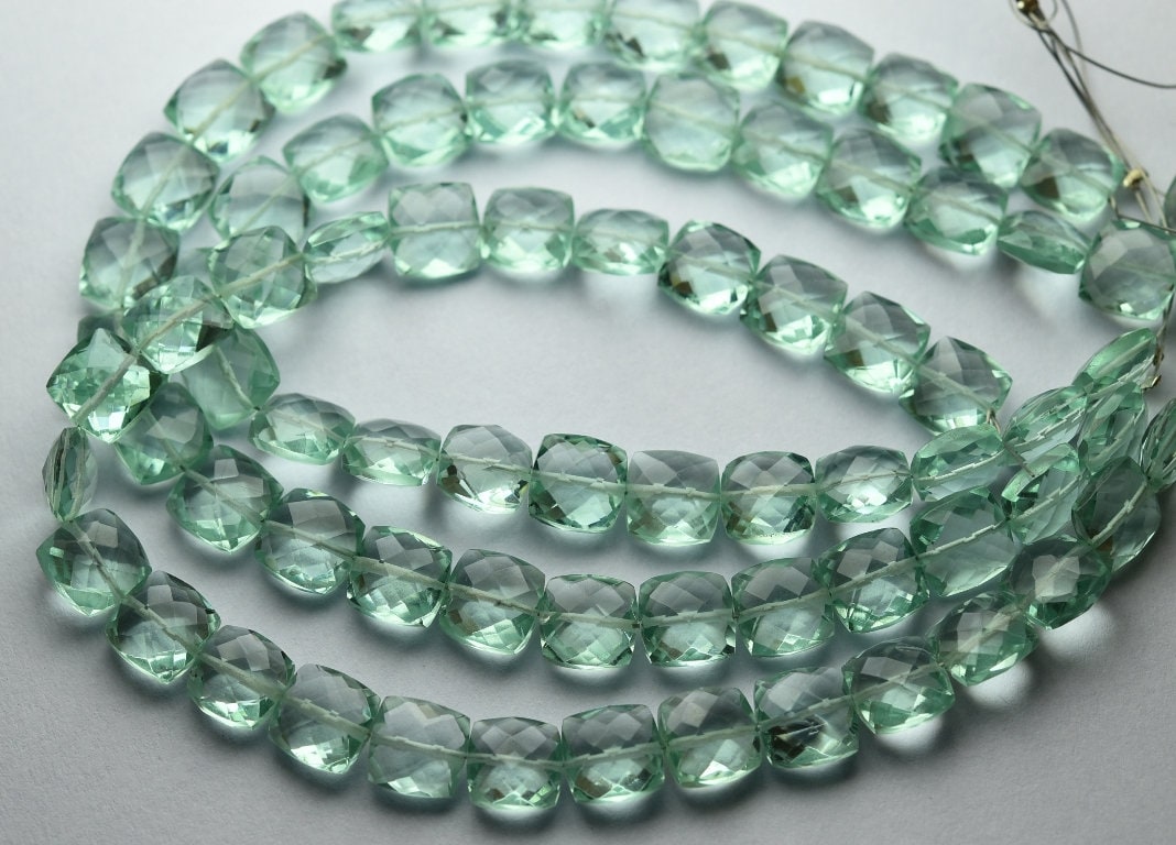 8mm Green Amethyst Hydro Quartz Briolettes: Faceted Cushion Beads, 8 Inch Strand 8mm Green Amethyst Hydro Quartz Briolettes: Faceted Cushion Beads, 8 Inch Strand