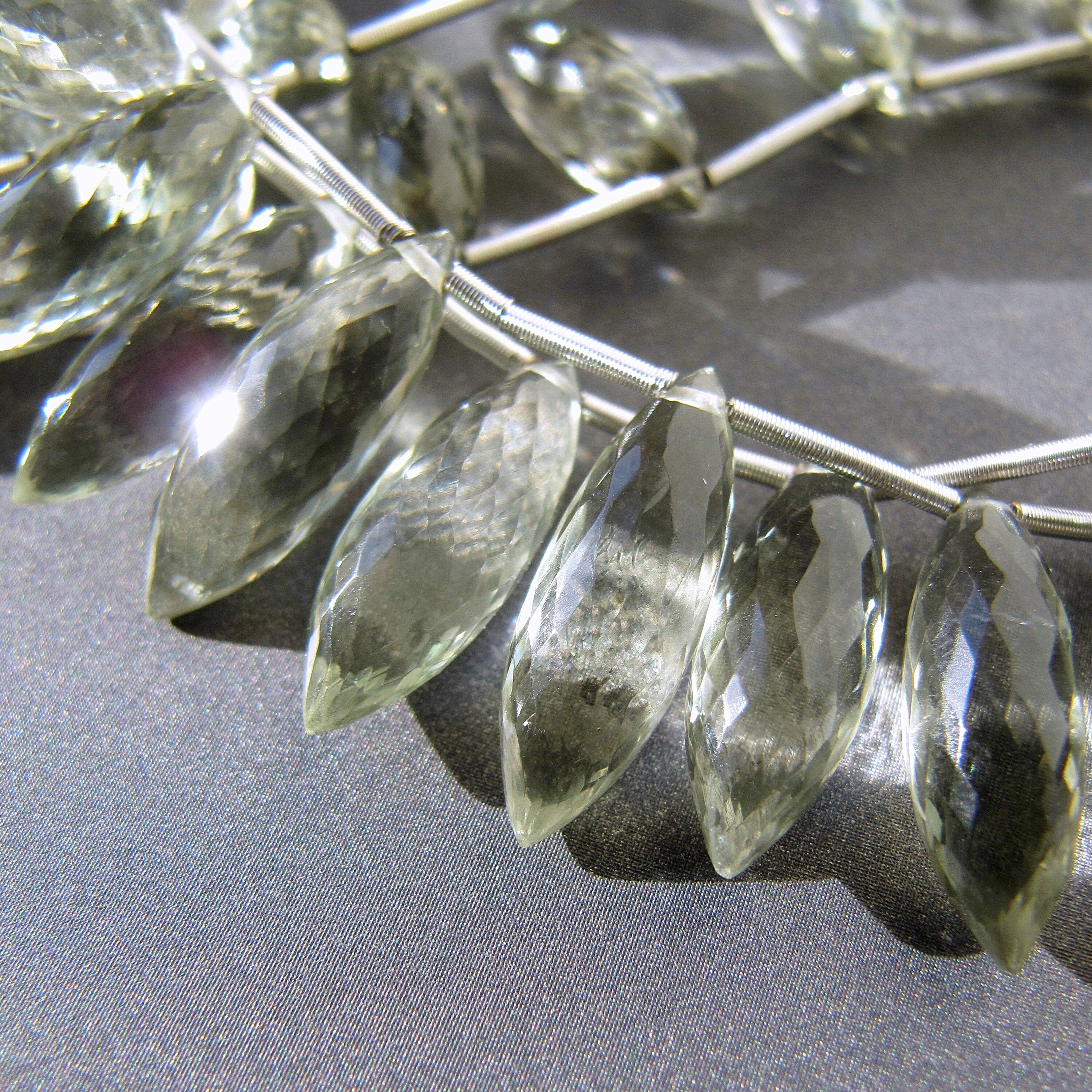 Green Amethyst Briolettes • 19x6mm • Dew Drop Foxtail • Aaa Micro Faceted • Natural Prasiolite • Pale Green • Matching Pairs Available Green Amethyst Briolettes • 19x6mm • Dew Drop Foxtail • Aaa Micro Faceted • Natural Prasiolite • Pale Green • Matching Pairs Available