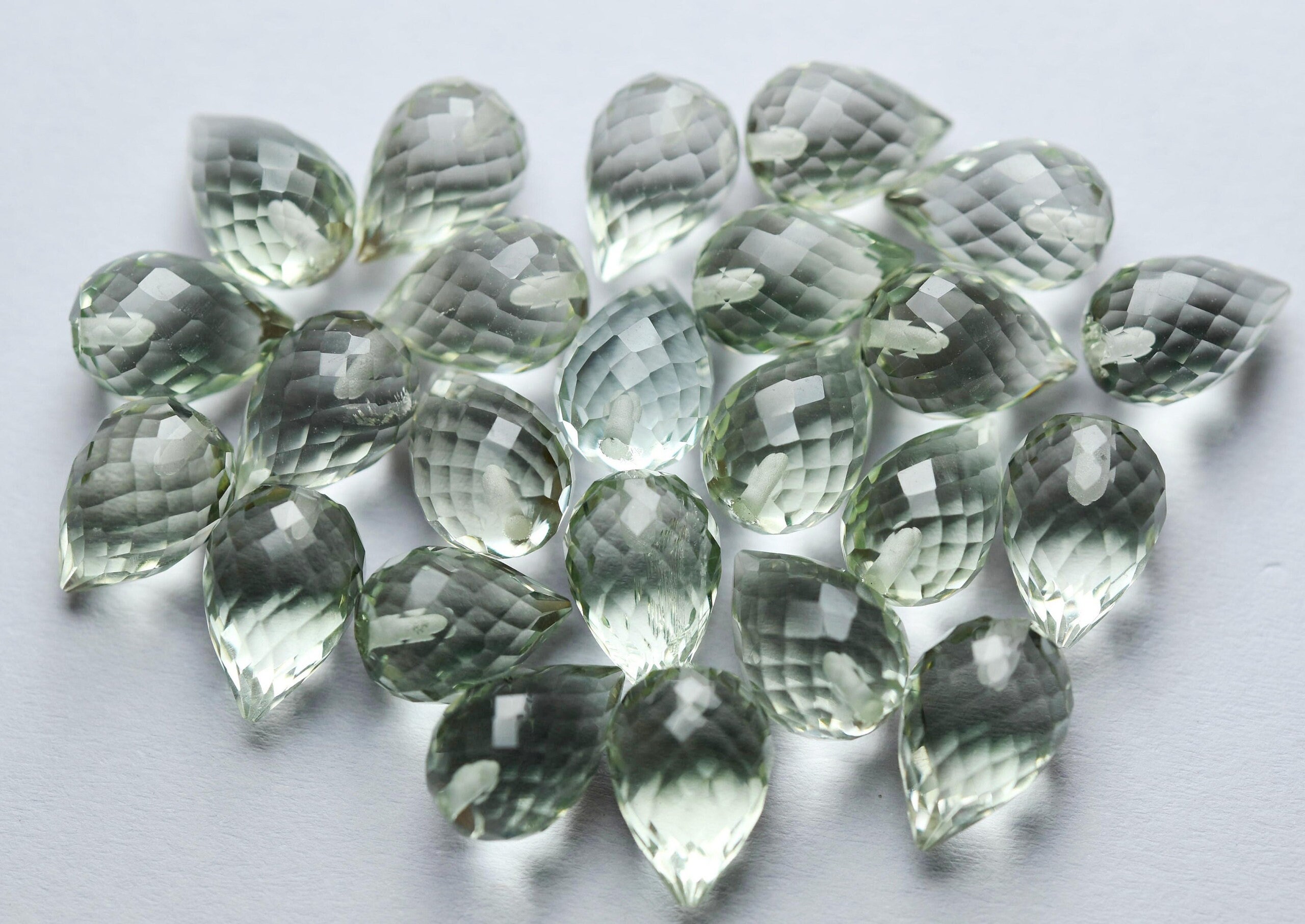 Green Amethyst Faceted Briolettes: 7x10mm Gemstone Drops