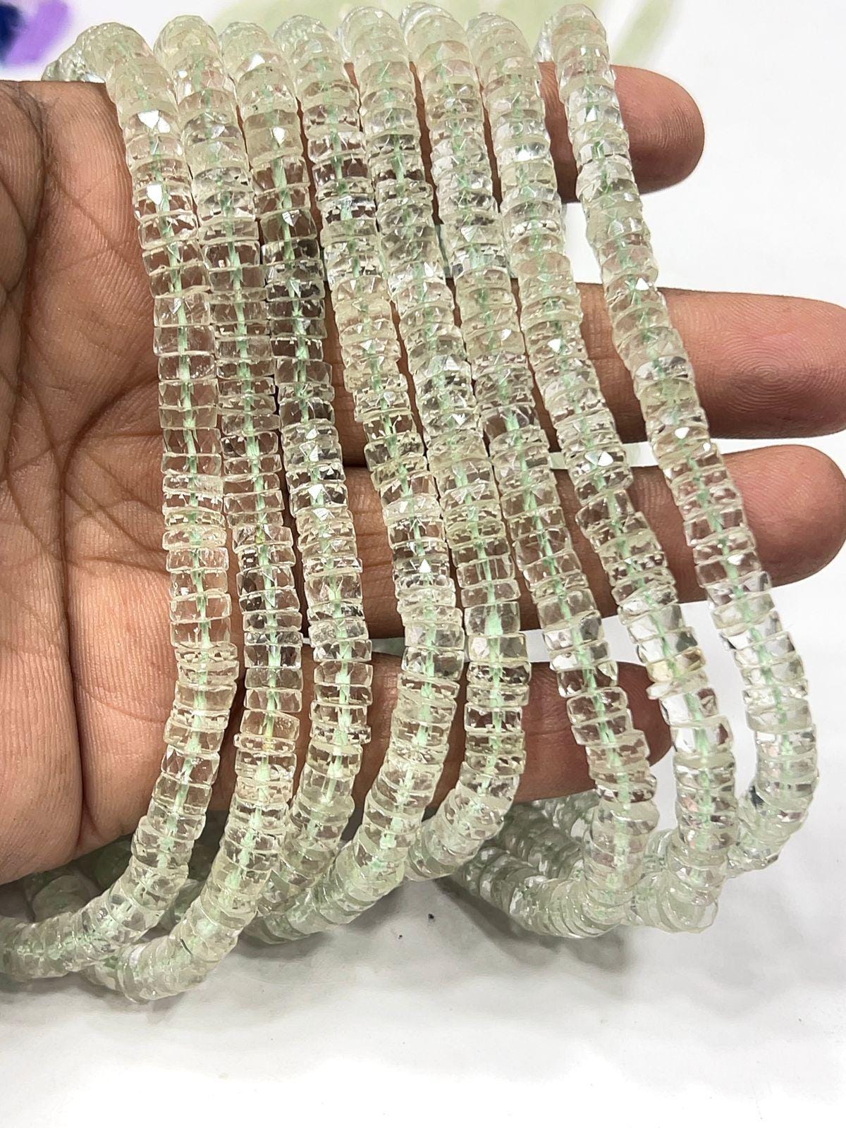 Natural Green Amethyst Quartz Faceted Heishi Tyre Beads – 6–7mm, 14-inch Strand For Jewelry Making