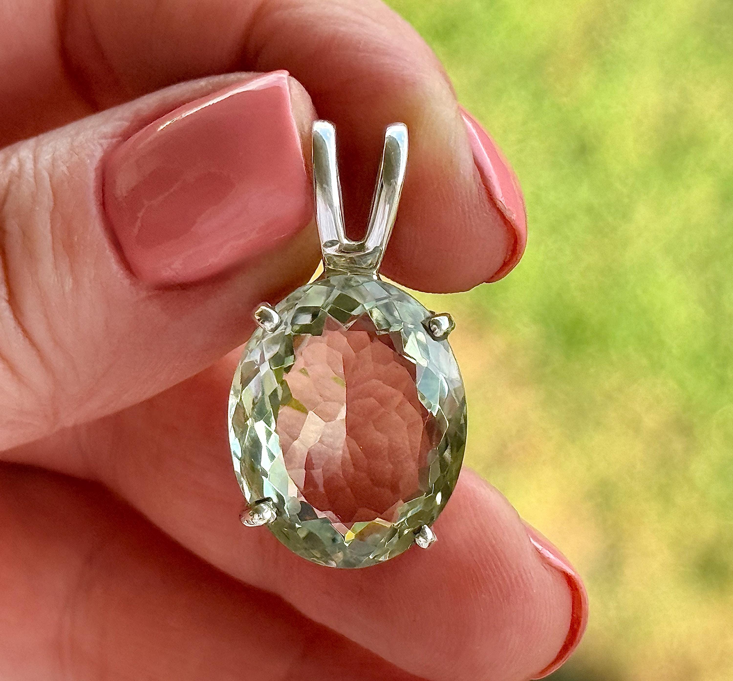 18.6 Ct Elegant Brazilian Green Amethyst Pendant, 925 Sterling Silver, Faceted Prasiolite Necklace
