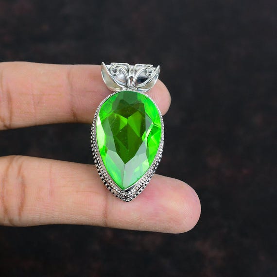 Faceted Green Amethyst Pendant: Handmade 925 Sterling Silver Vintage Jewelry